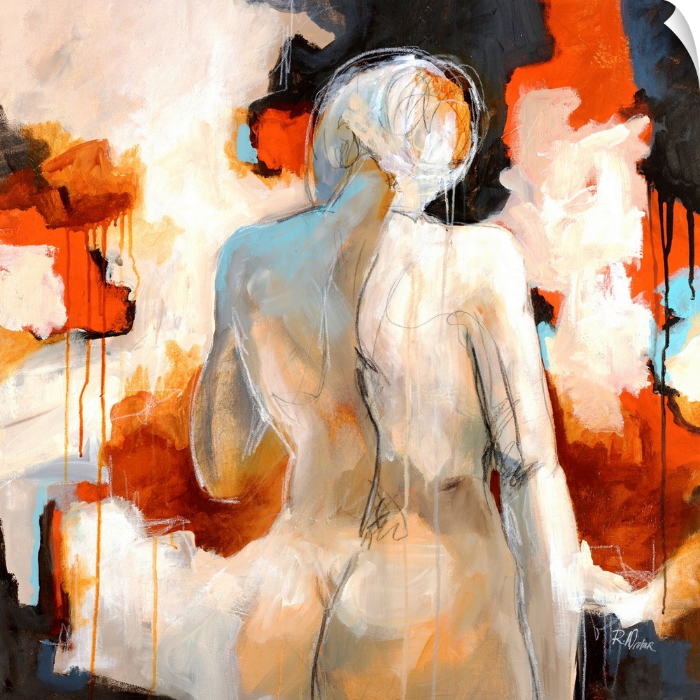 Giant contemporary art shows a profile from behind of a nude woman standing in front of background composed of multiple pa...