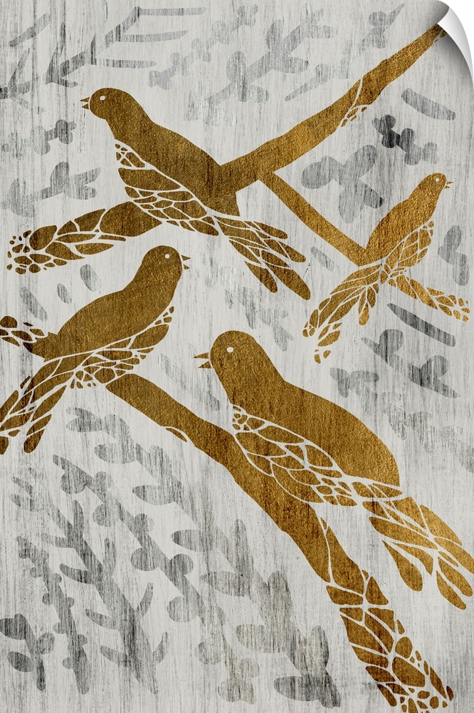 Gold leaf on weathered wood with a fern pattern of four birds on branches.