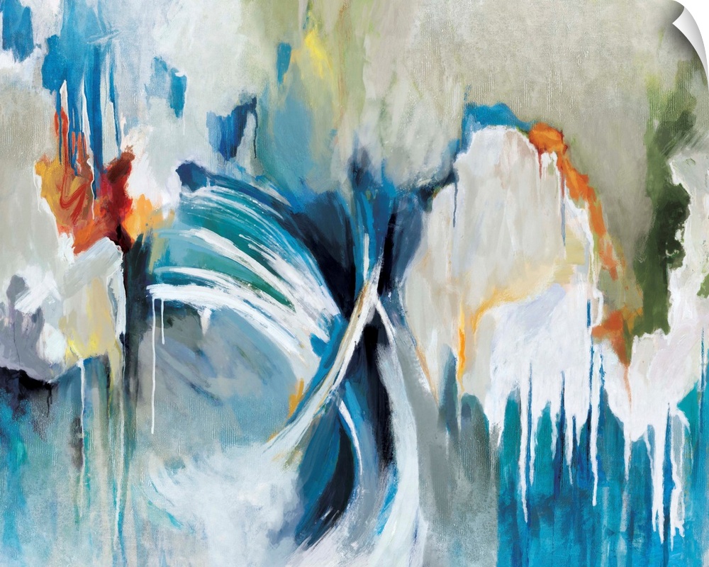 Contemporary abstract artwork in bright colors with flowing, moving shapes.