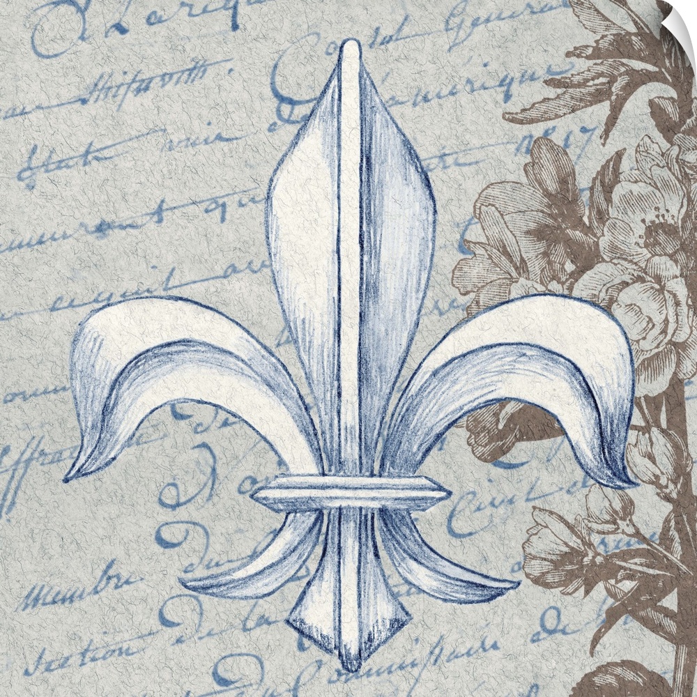 Fleur de Lis design over handwritten text, with a vintage floral element.