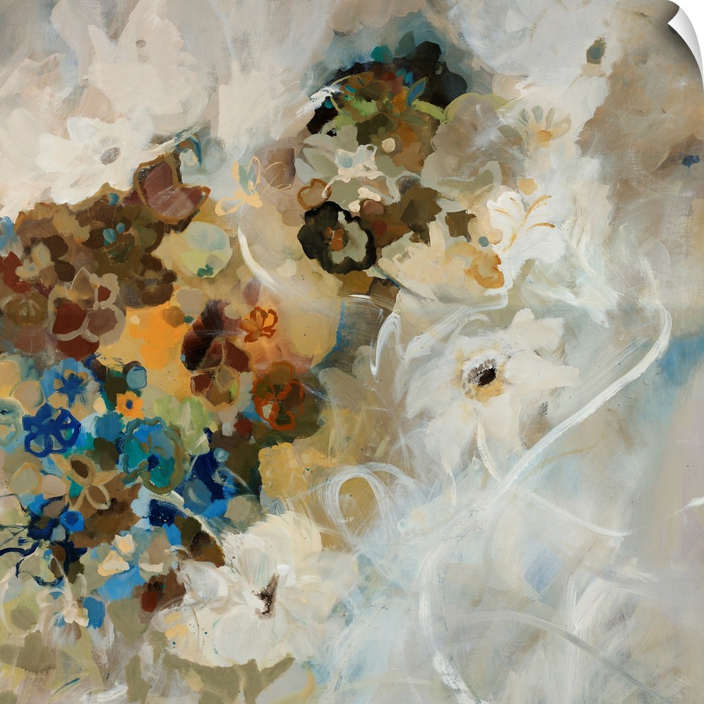 Large painting of assorted flower blossoms in mostly neutral tones with a rough texture.