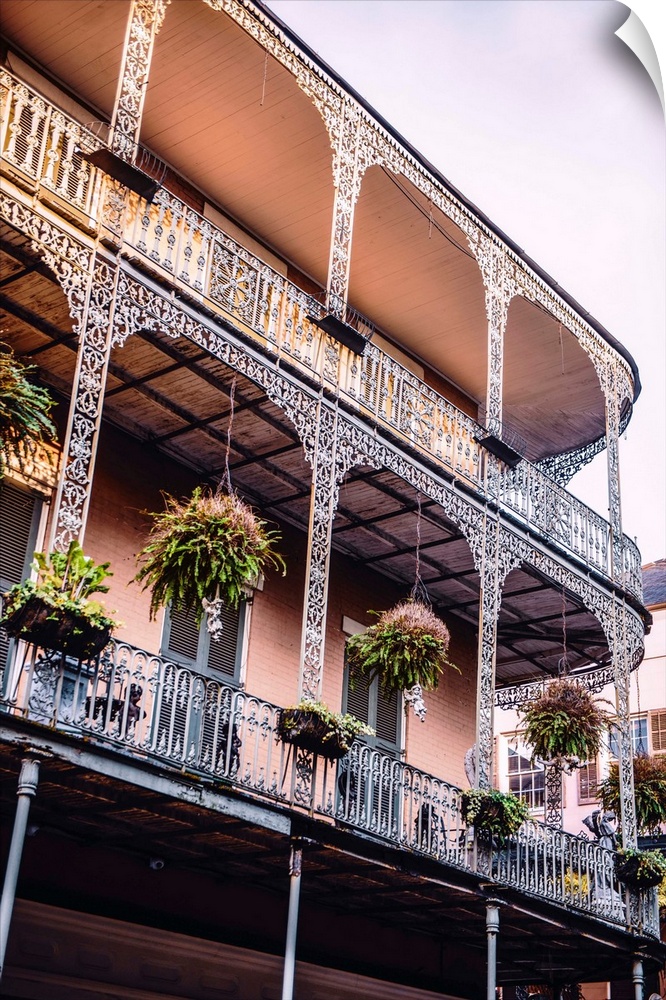 View of ironwork detail and French quarter architecture in New Orleans, Louisiana.