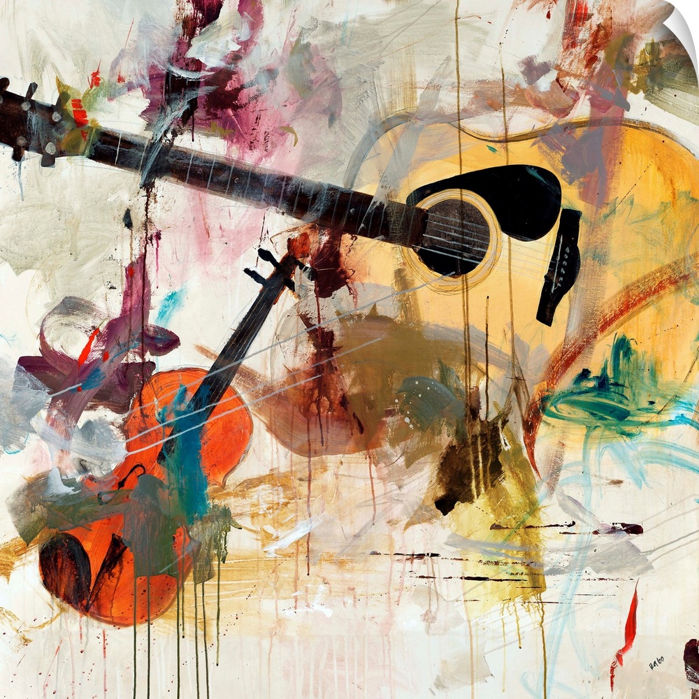 Contemporary artwork of instruments with splashes of color painted over them.
