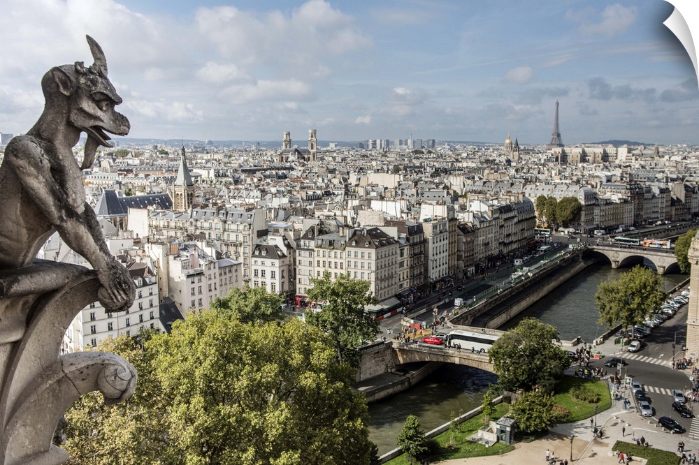 Photograph of a gargoyle statue watching over the city of Paris.