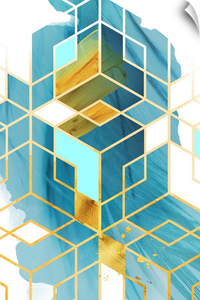 Geometric artwork in shades of blue and yellow with a golden diamond pattern.