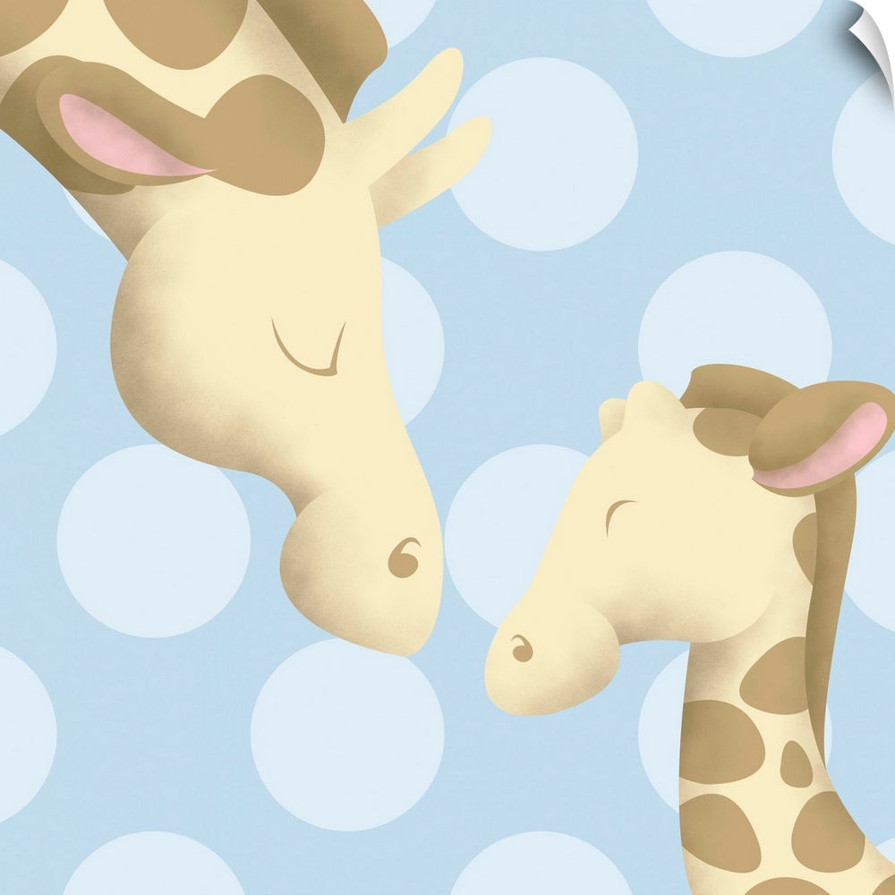 Nursery art of a mother giraffe and her baby on a blue polka-dot background.