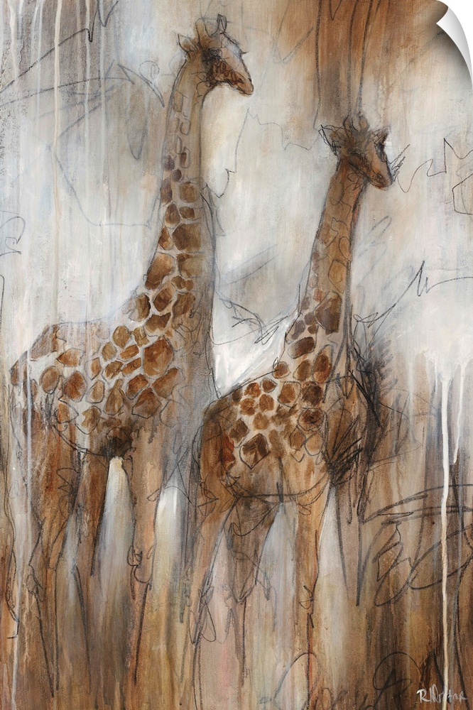 Illustrative painting of two giraffes done in varying shades of grayish-brown.