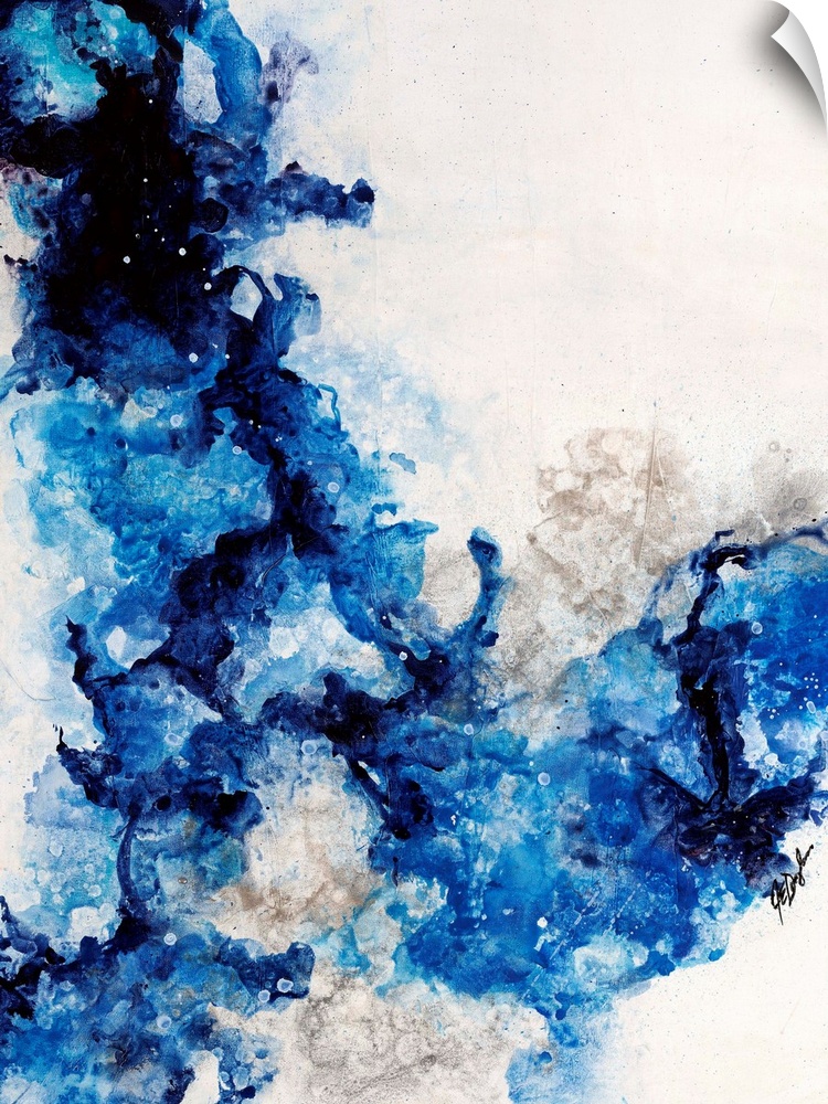 Abstract painting of a mixture of varying blue tones swirling around against a neutral background.