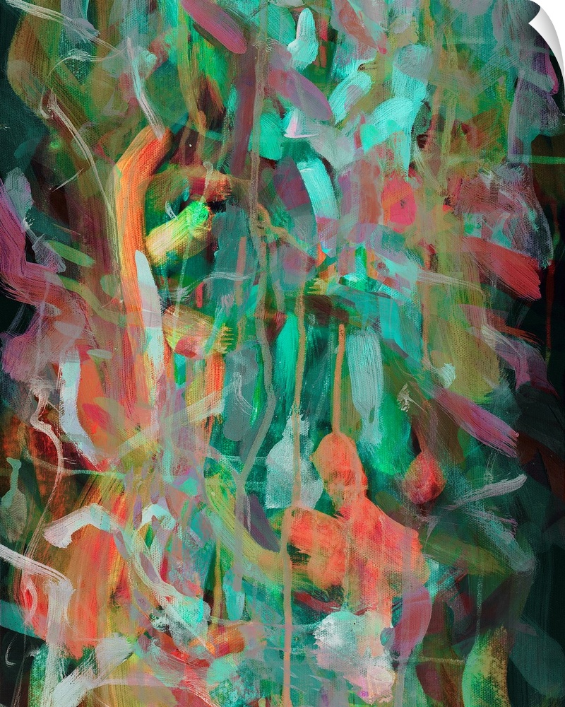Vertical abstract of multiple colors of paint applied in short brush strokes in varies directions.