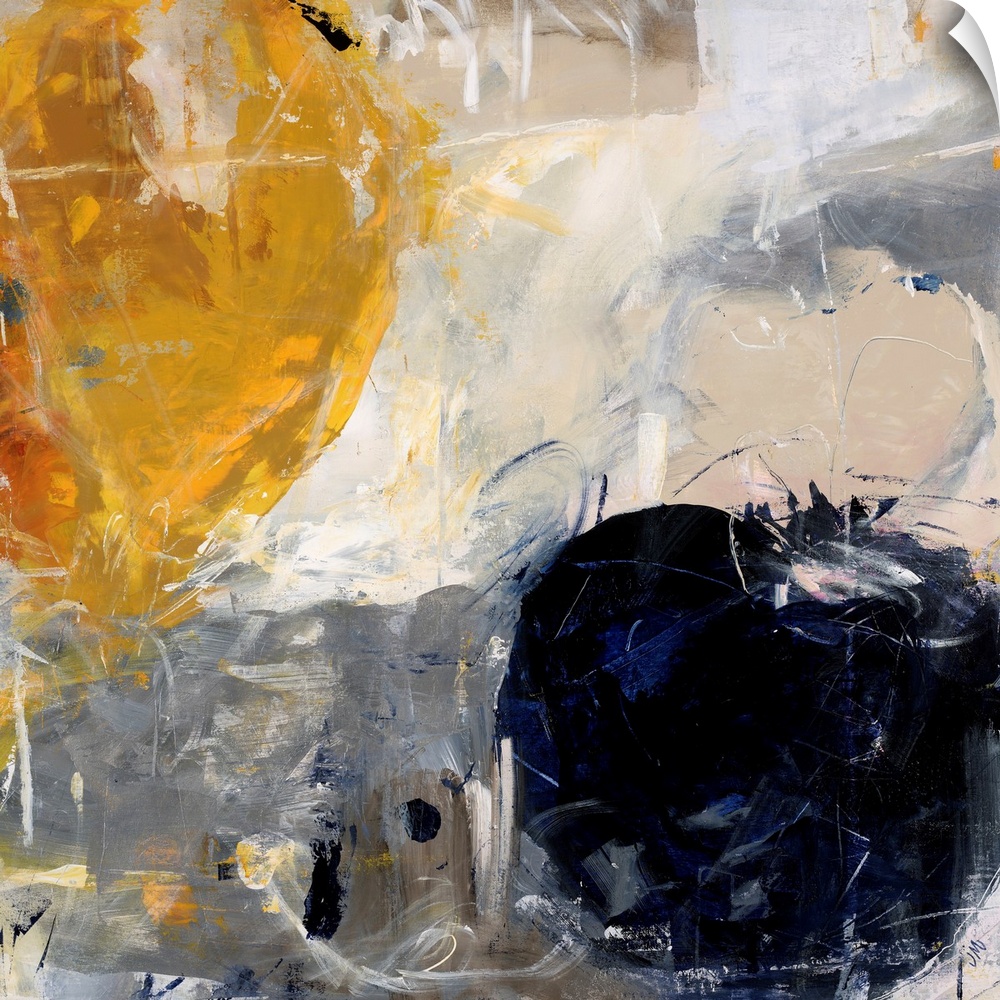 Abstract painting using bold colors forming circles in opposite corners of the image, against a background of earth tones.