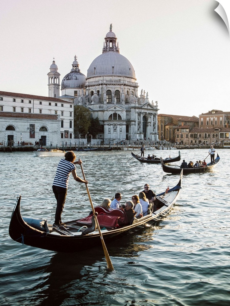 Photograph of gondolas rowing in front of Santa Maria della Salute in Venice.