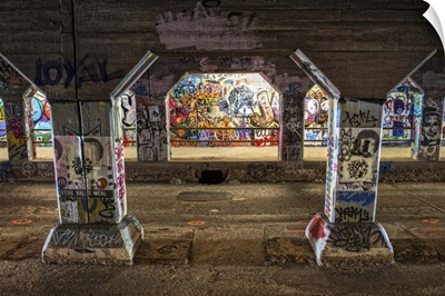 Graffiti on the walls and columns of the Krog Street Tunnel in Atlanta, Georgia