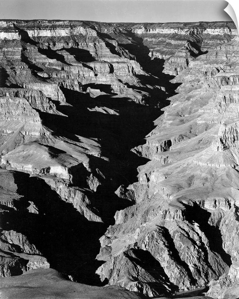 Grand Canyon from South. Rim, 1941,vertical panorama with shadowed ravine.