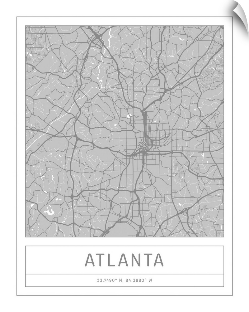 Gray minimal city map of Atlanta, Georgia, USA with longitude and latitude coordinates.