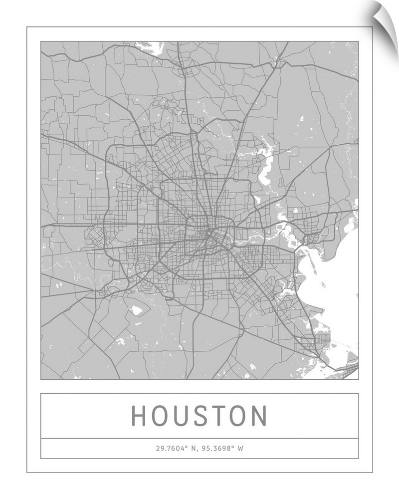 Gray minimal city map of Houston, Texas, USA with longitude and latitude coordinates.