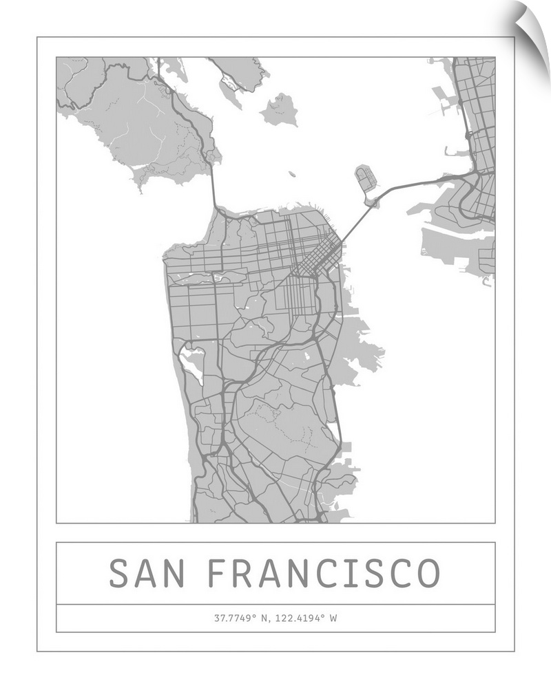 Gray minimal city map of San Francisco, USA with longitude and latitude coordinates.