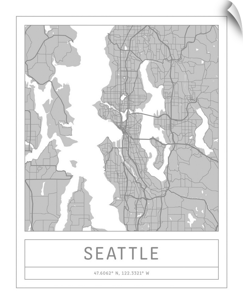Gray minimal city map of Seattle, Washington, USA with longitude and latitude coordinates.