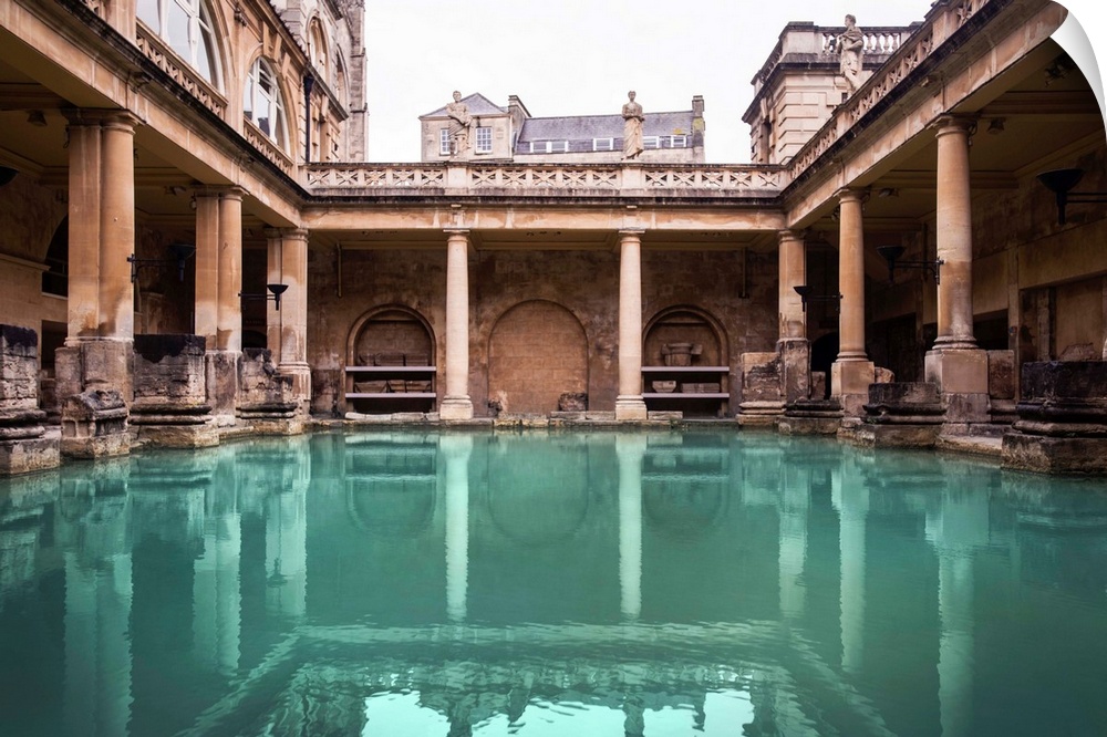 Photograph of the ancient Roman Bath, called the Great Bath, in Bath, England, UK.