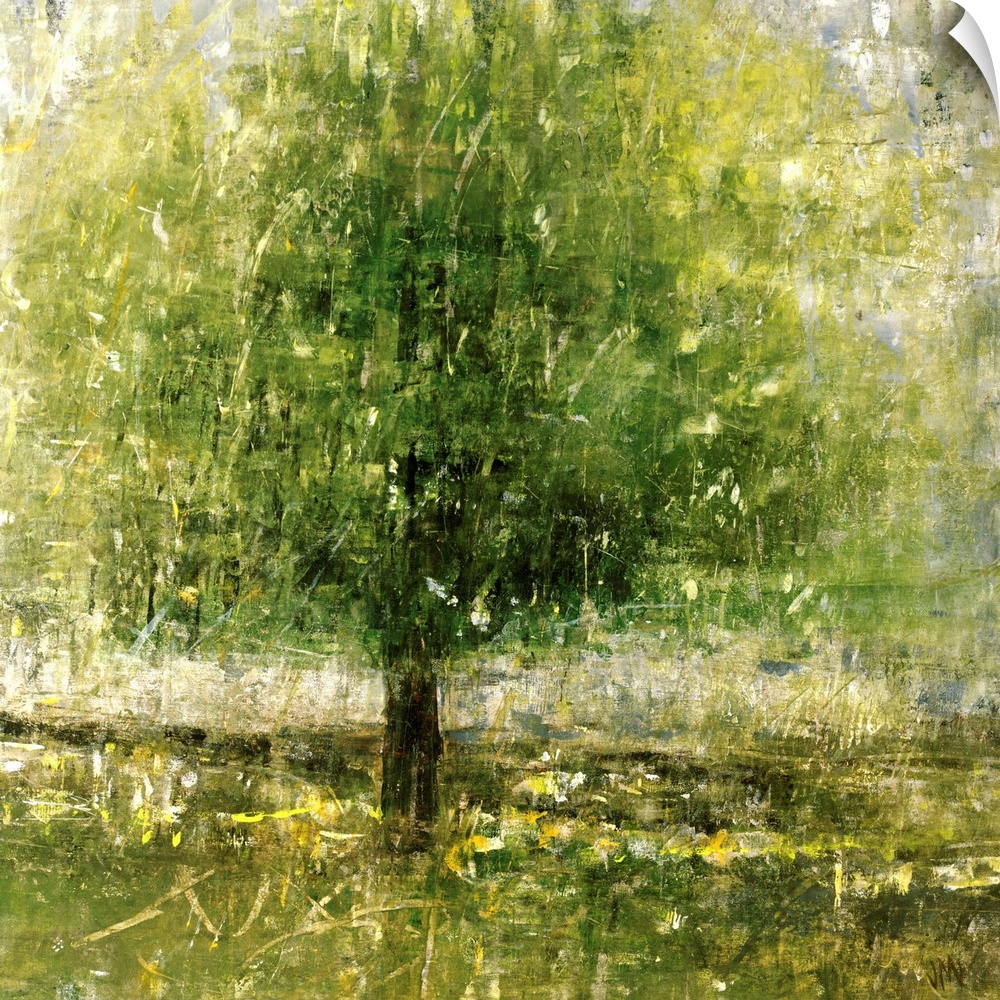 Contemporary artwork of a large tree that has splashes of paint and soft scratches applied over it.