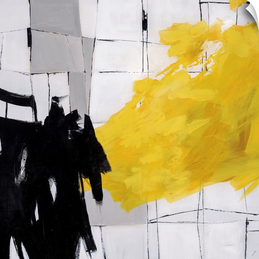 Abstract painting using bright yellow paint strokes and black paint strokes against a cracked tile looking background.