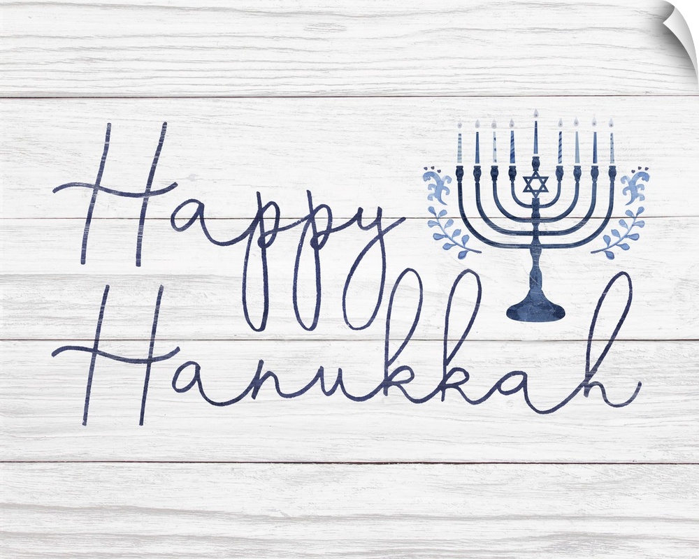 Happy Hanukkah in a hand-written script and blue menorah on a distressed barnwood background.
