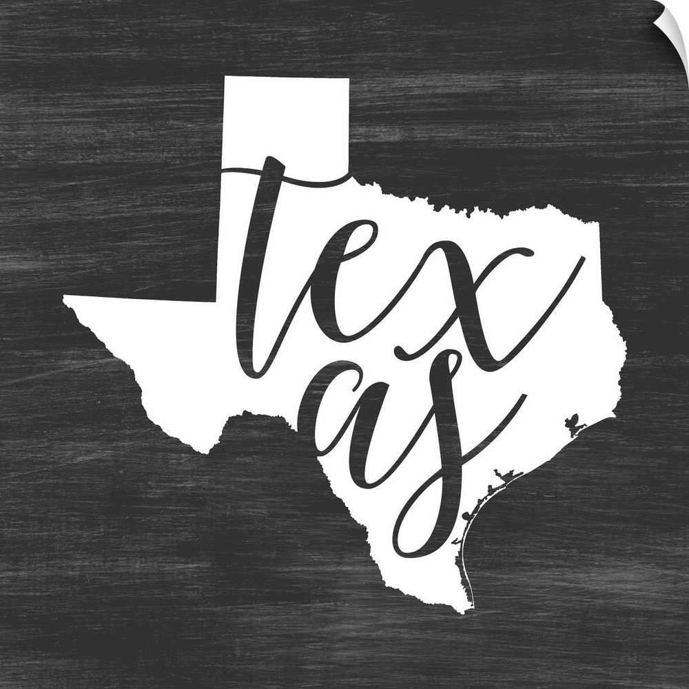 Texas state outline typography artwork.