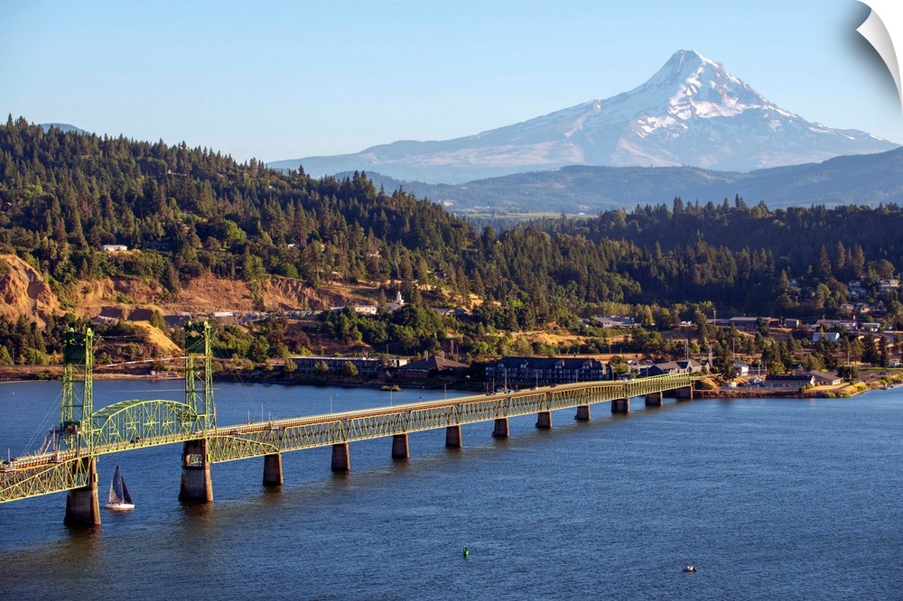 View of Hood River Bridge with Mount Hood Peak in the background, Portland Oregon.