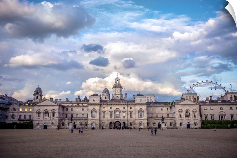 View of Horse Guards building in London, England against a bright blue sky.