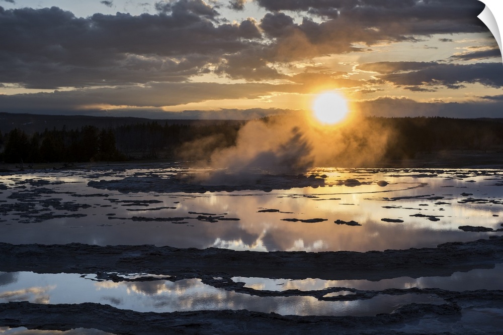 Beautiful sunset over the hot springs at Yellowstone National Park.
