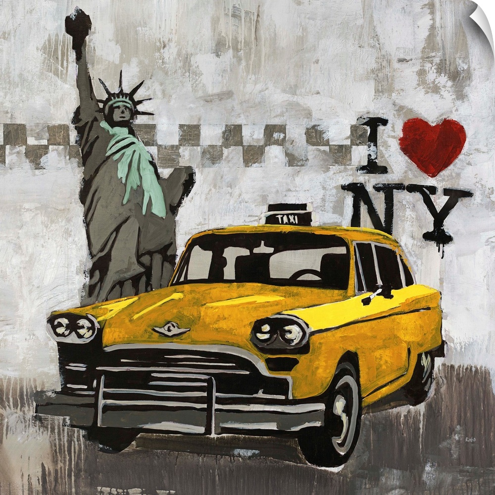 Contemporary painting of a taxi cab in front of the State of Liberty with an "I love New York" logo in the background.