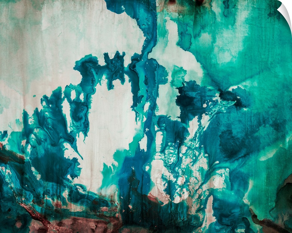 Abstract painting of bright aqua-colored shapes over a muted background.