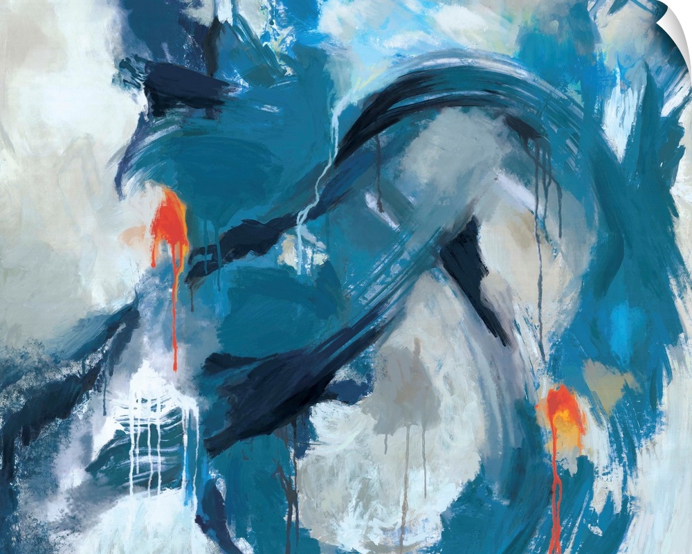 Contemporary abstract artwork in swirling blue and black shades.