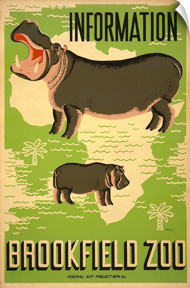 Information, Brookfield Zoo. Poster for the Brookfield Zoo, showing hippopotamuses superimposed over outline of Africa. Li...