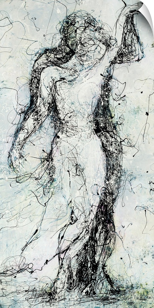 Abstract figurative painting of a couple embracing, reminiscent of two statues in front of one another.