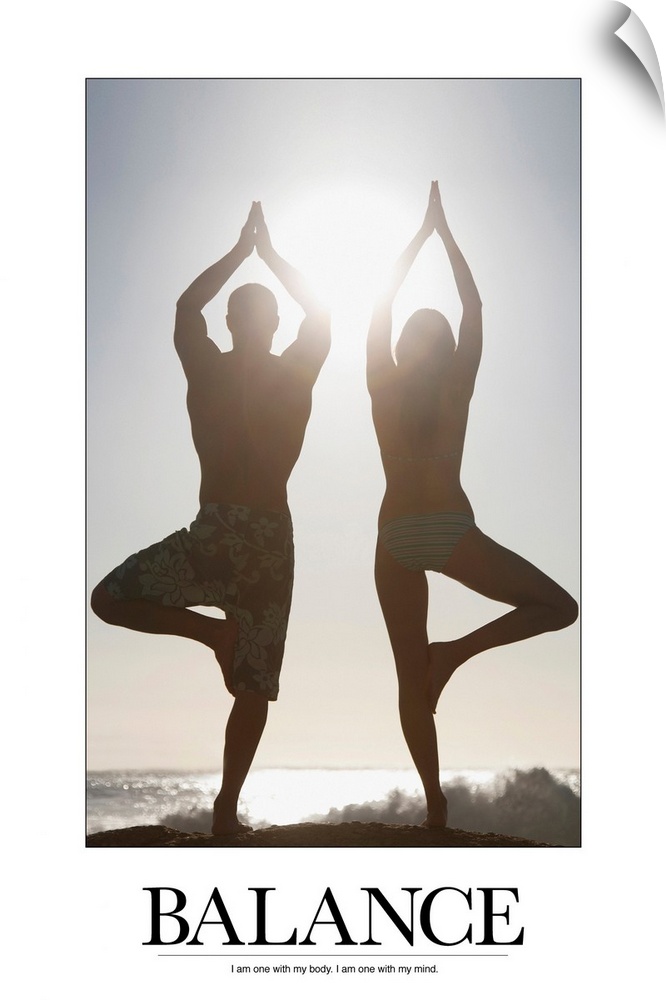 Poster showing a man and a woman balancing in a yoga pose on the beach with the ocean in the  background and the sun shining.
