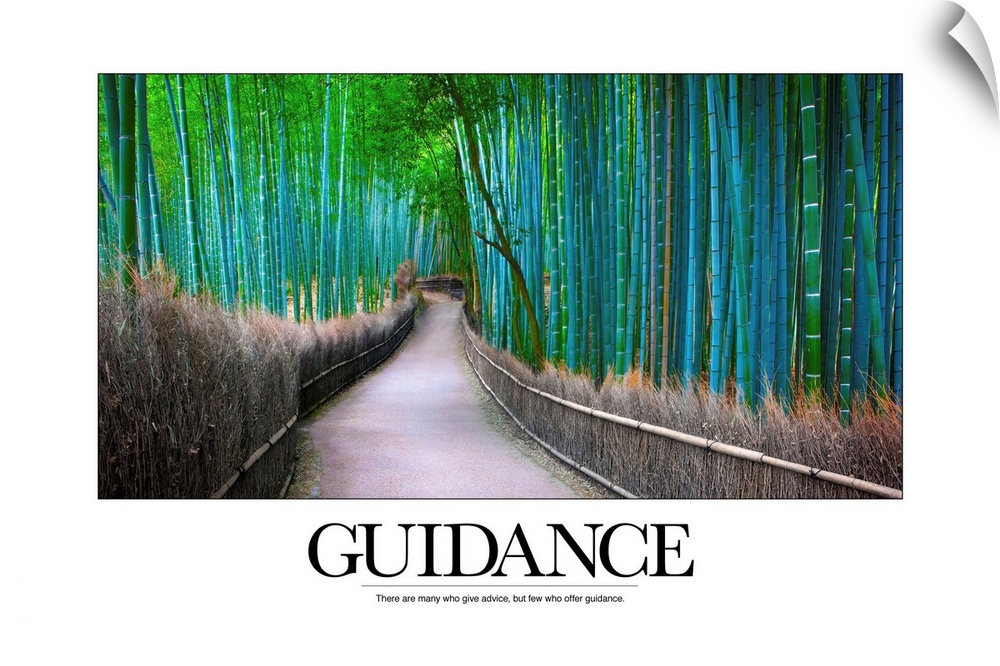 Big inspirational canvas of a bamboo forest with a pathway going through it and a saying about guidance beneath it.