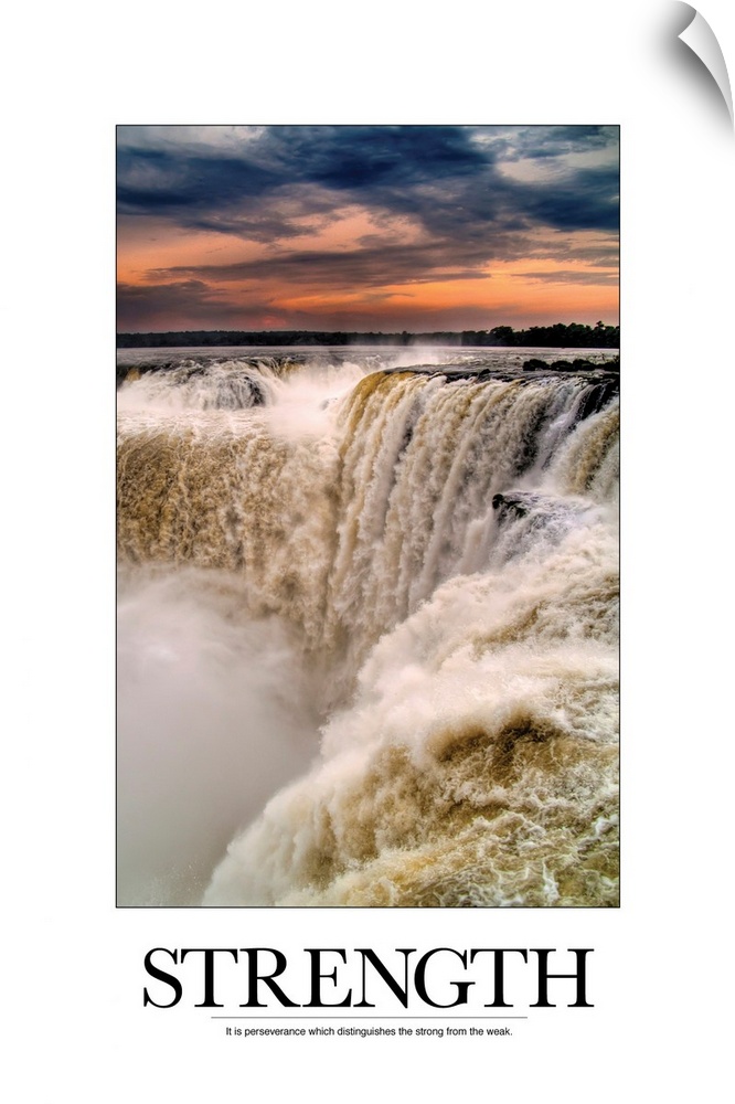 Big, vertical motivational wall hanging of large waterfalls beneath a vibrant sunset.  The image is surrounded by a white ...