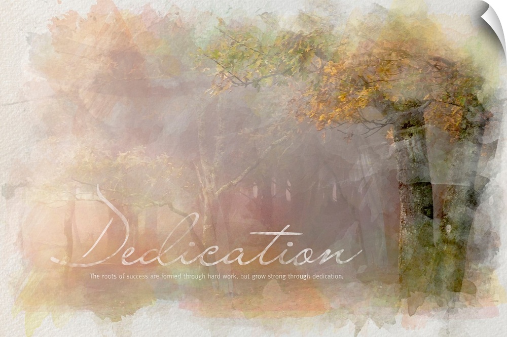 Motivational print with the image of a forest and the text, "Dedication: The roots of success are formed through hard work...