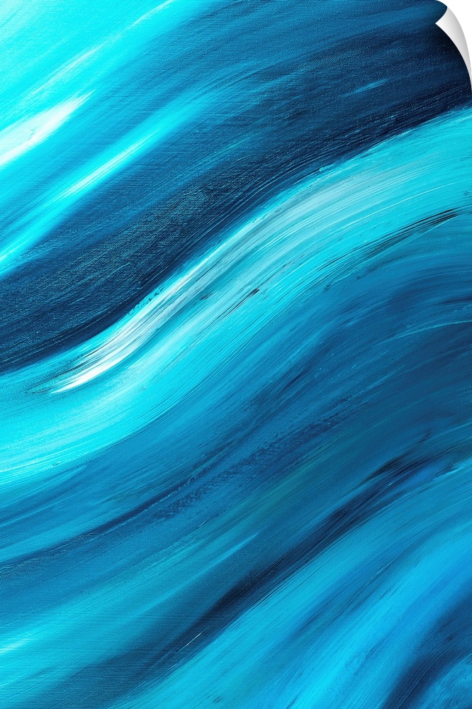 Vertical contemporary painting in shades of blue, giving the impression of rolling waves.