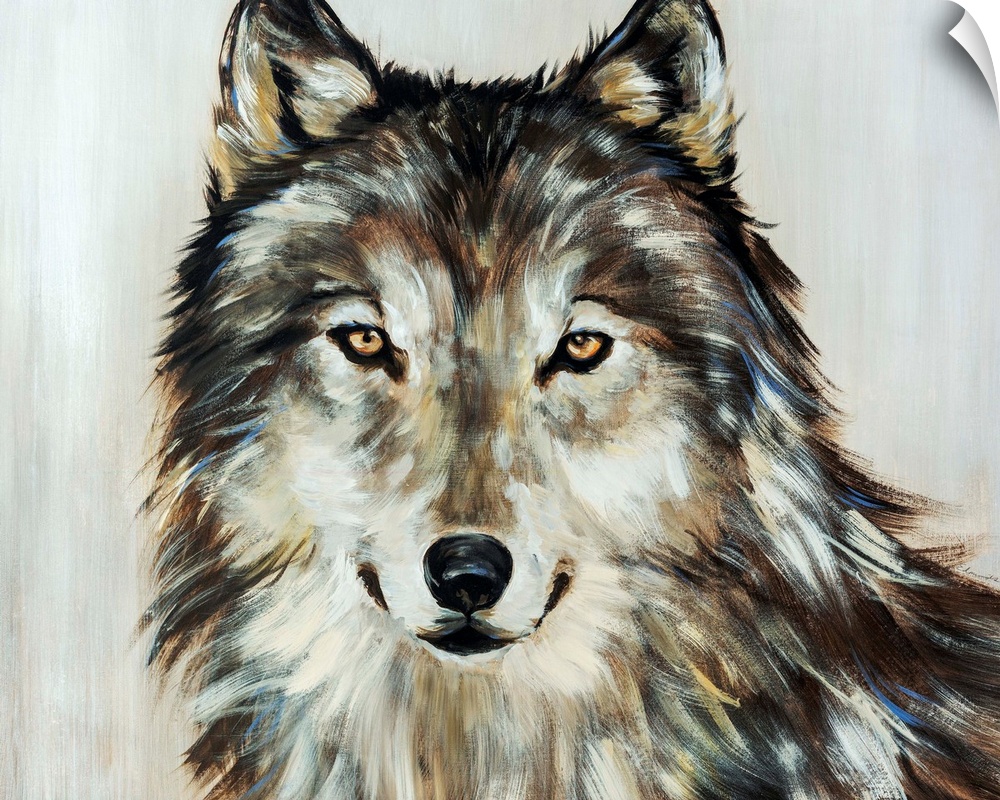Portrait of a wolf painted in various earth tones.