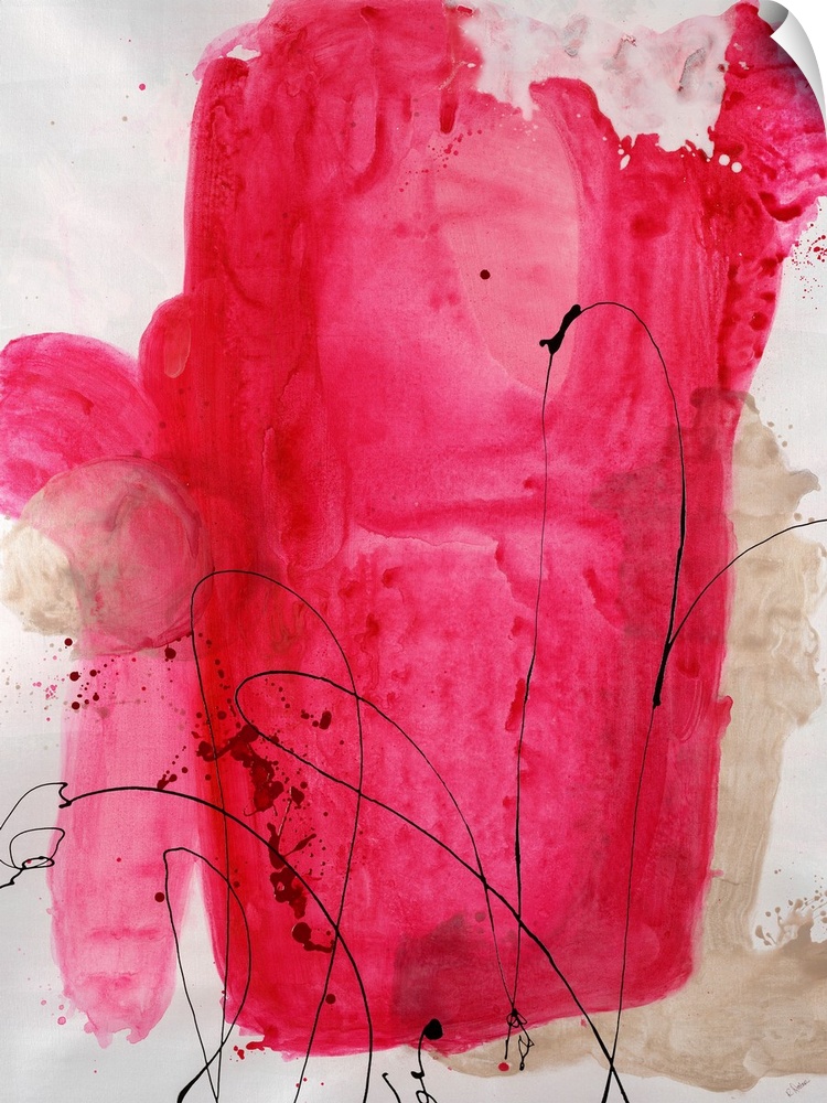 Painting of a large abstract shape in bright pink tones with thin, swirling lines of paint that appear to have be dripped ...