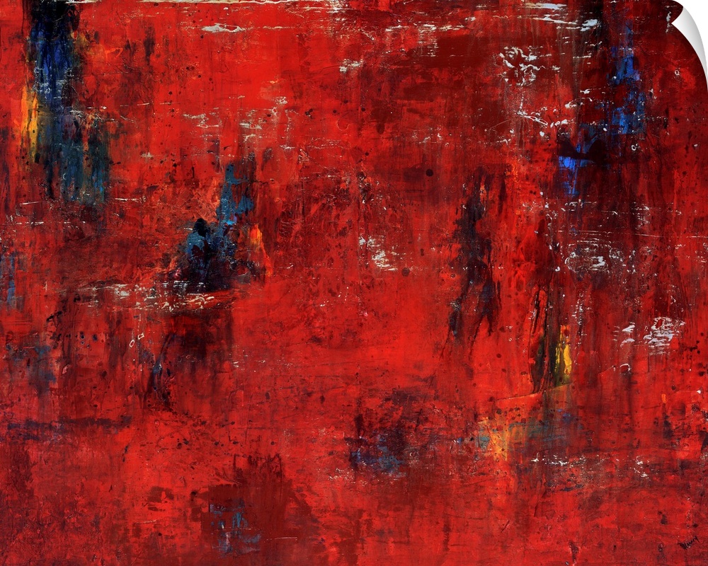 Abstract painting featuring shades of red and maroon with swipes of blue and yellow.