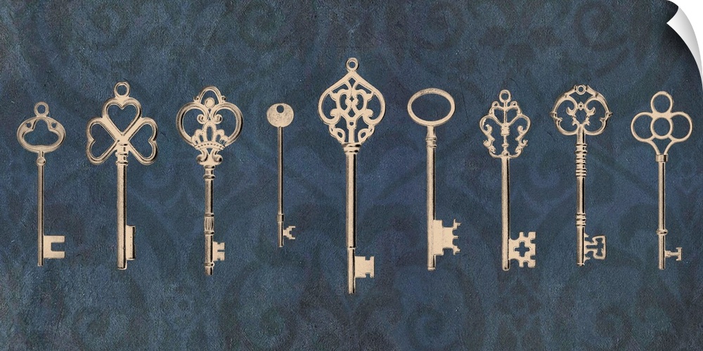 An assortment of vintage keys with ornate designs arranged in a row on a navy blue background.