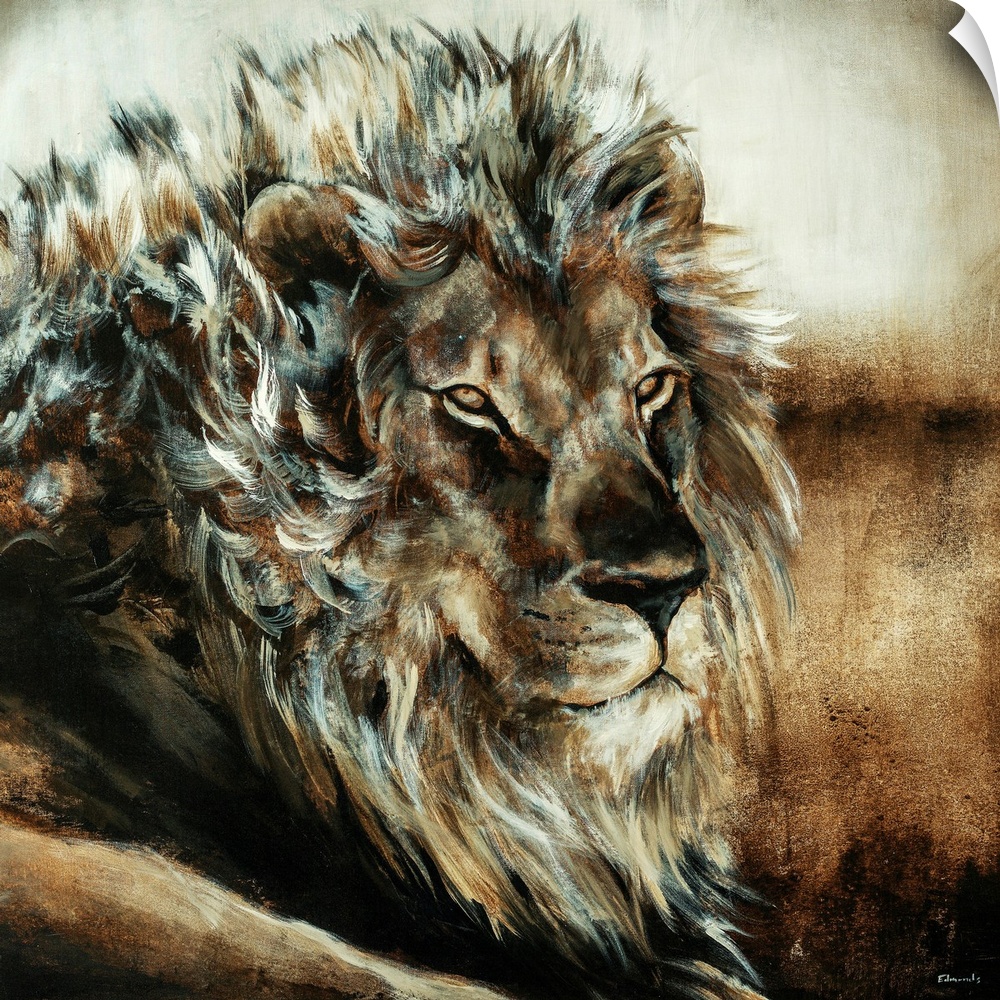 Oversized, square, fine art painting of the upper half of a male lion, using wispy brush strokes.