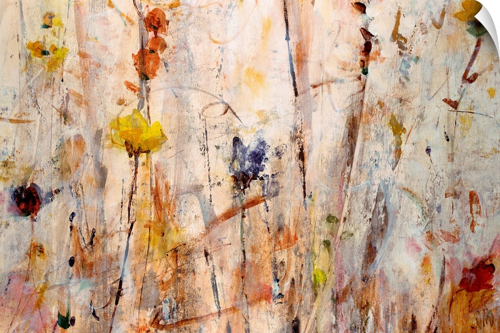 Giant abstract painting of flowers that is composed of inviting tones and lots of vertical lines.