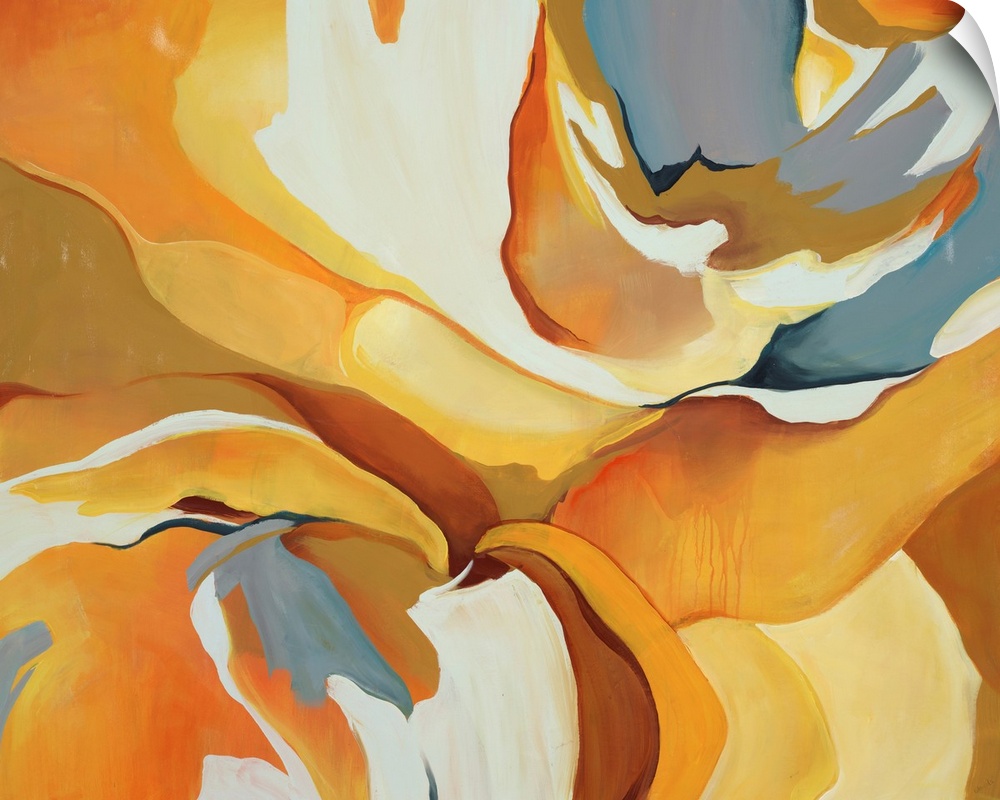 Bright abstract painting of fluid forms in varying shades of yellow, from lemon to mustard.