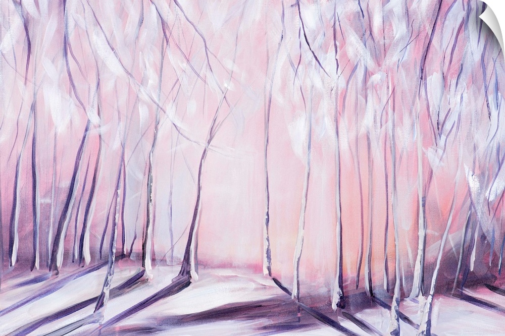 Contemporary painting of a forest in the winter in lavender tones.