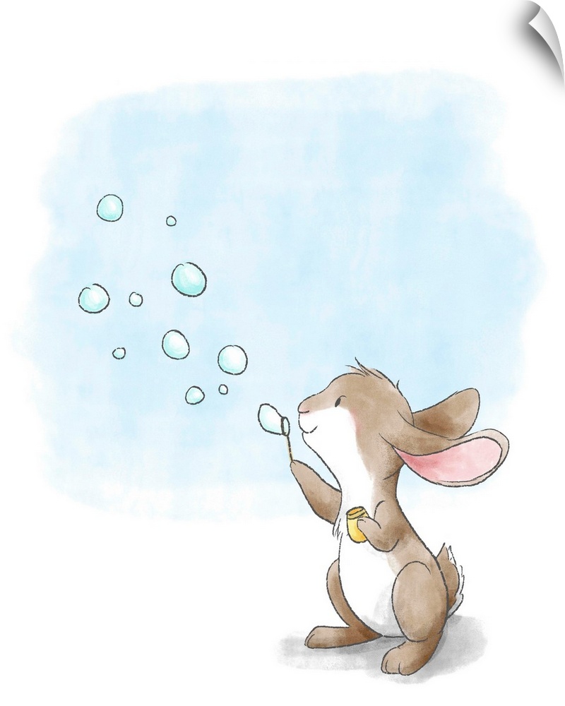 Watercolor nursery illustration of a brown bunny blowing bubbles.