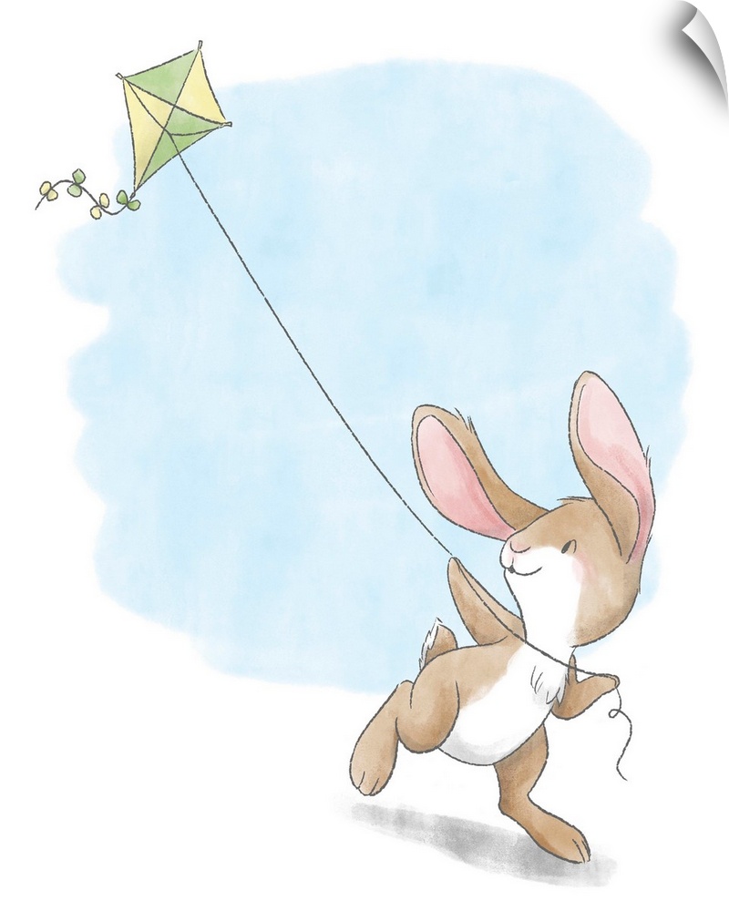 Watercolor nursery illustration of a brown bunny flying a green and yellow kite.