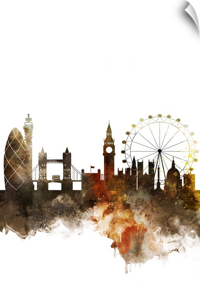 The London city skyline in colorful watercolor splashes.